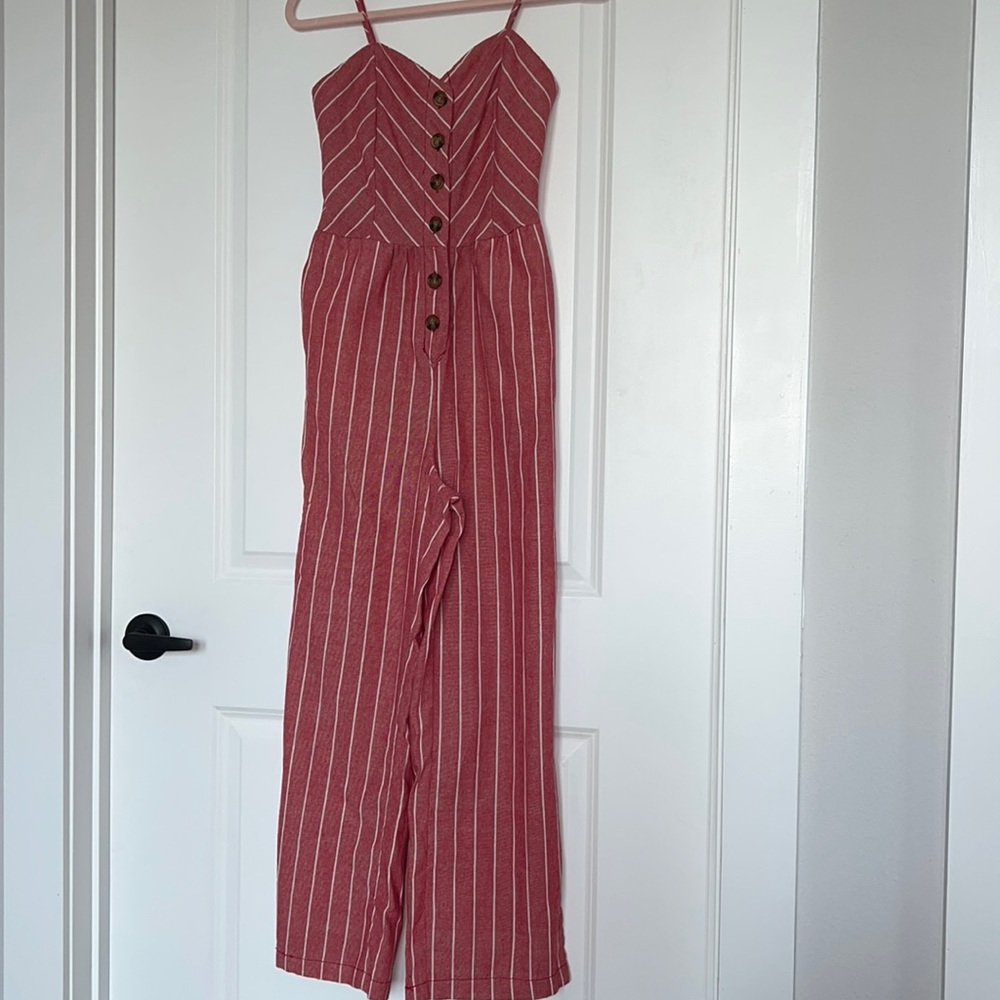 Red and White Button Up Jump Suit
